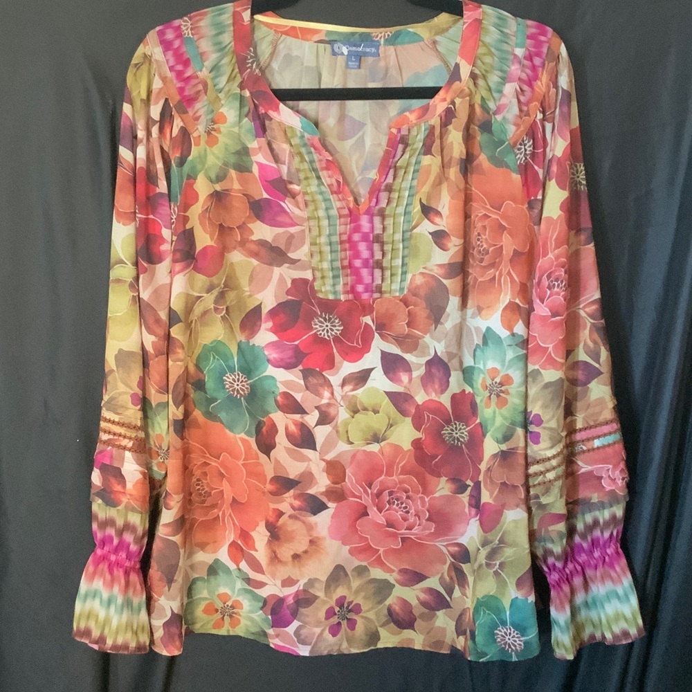 Democracy Vibrant Floral Blouse - Pink, Orange, Green